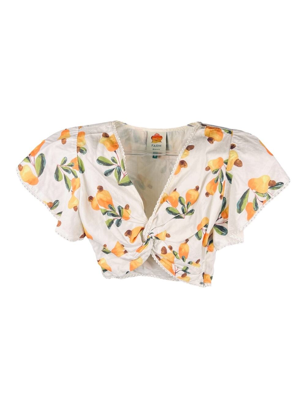 FARM Rio Cashew Fruit Twist Front Crop Top White Flutter Sleeve Caju Print S